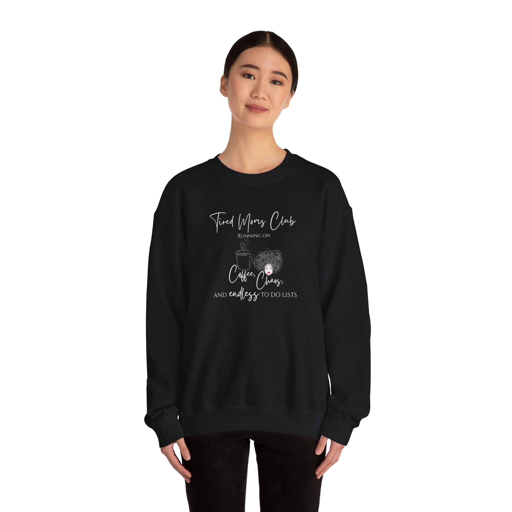 Tired Moms Club Crewneck – Running on Coffee & Chaos